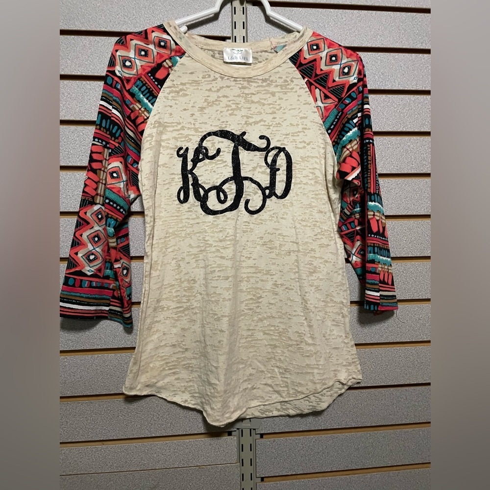 L & B Life KTD Initial Long Sleeve Sheer Aztec Sleeves Women’s Small